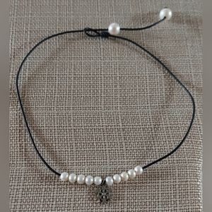 Handmade White Pearl & Silver Snowflake & Black Leather Necklace